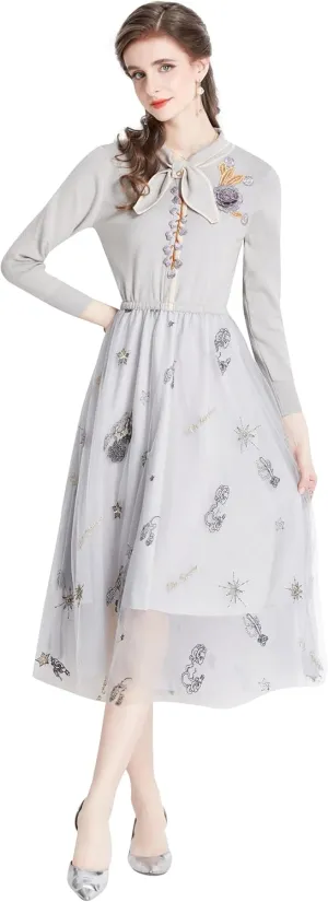 Women's Crewneck Embroidered Sweater Knit Tops Mesh Pleated Skirt Long Sleeve Midi Dress