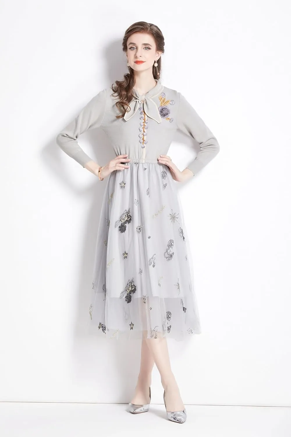 Women's Crewneck Embroidered Sweater Knit Tops Mesh Pleated Skirt Long Sleeve Midi Dress