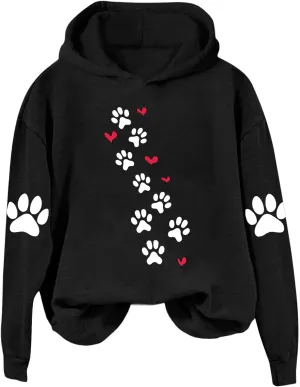 Womens Dog Paw Print Hoodies Cute Funny Heart Graphic Sweatshirts Casual Loose Fit Long Sleeve Hooded Pullover Tops