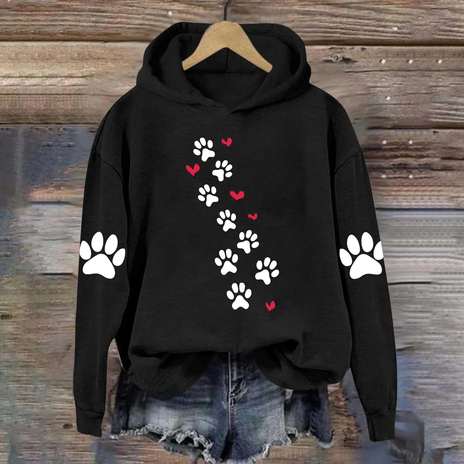 Womens Dog Paw Print Hoodies Cute Funny Heart Graphic Sweatshirts Casual Loose Fit Long Sleeve Hooded Pullover Tops