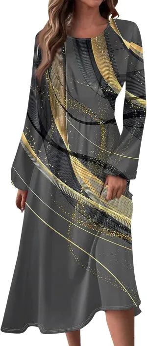 Women's Elegant Long Sleeve Gradient Midi Dress Stylish Casual Wear for Parties Work and Everyday Outfits
