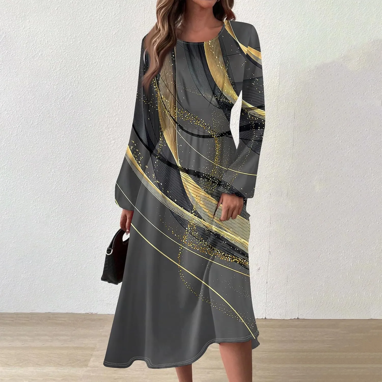 Women's Elegant Long Sleeve Gradient Midi Dress Stylish Casual Wear for Parties Work and Everyday Outfits