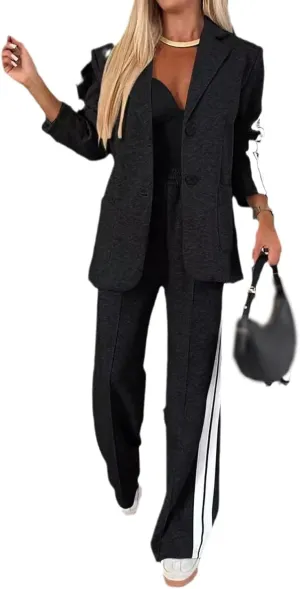 Womens Fall 2 Piece Blazer Set Oversized Jacket Wide Leg Pants Sets Lapel Button Up Blazers Business Casual Outfits Set