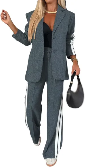Womens Fall 2 Piece Blazer Set Oversized Jacket Wide Leg Pants Sets Lapel Button Up Blazers Business Casual Outfits Set