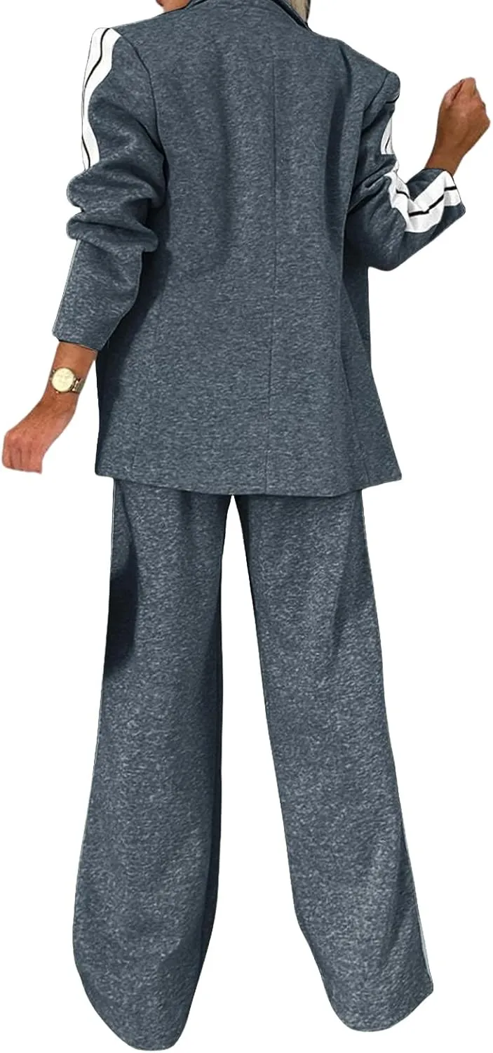 Womens Fall 2 Piece Blazer Set Oversized Jacket Wide Leg Pants Sets Lapel Button Up Blazers Business Casual Outfits Set
