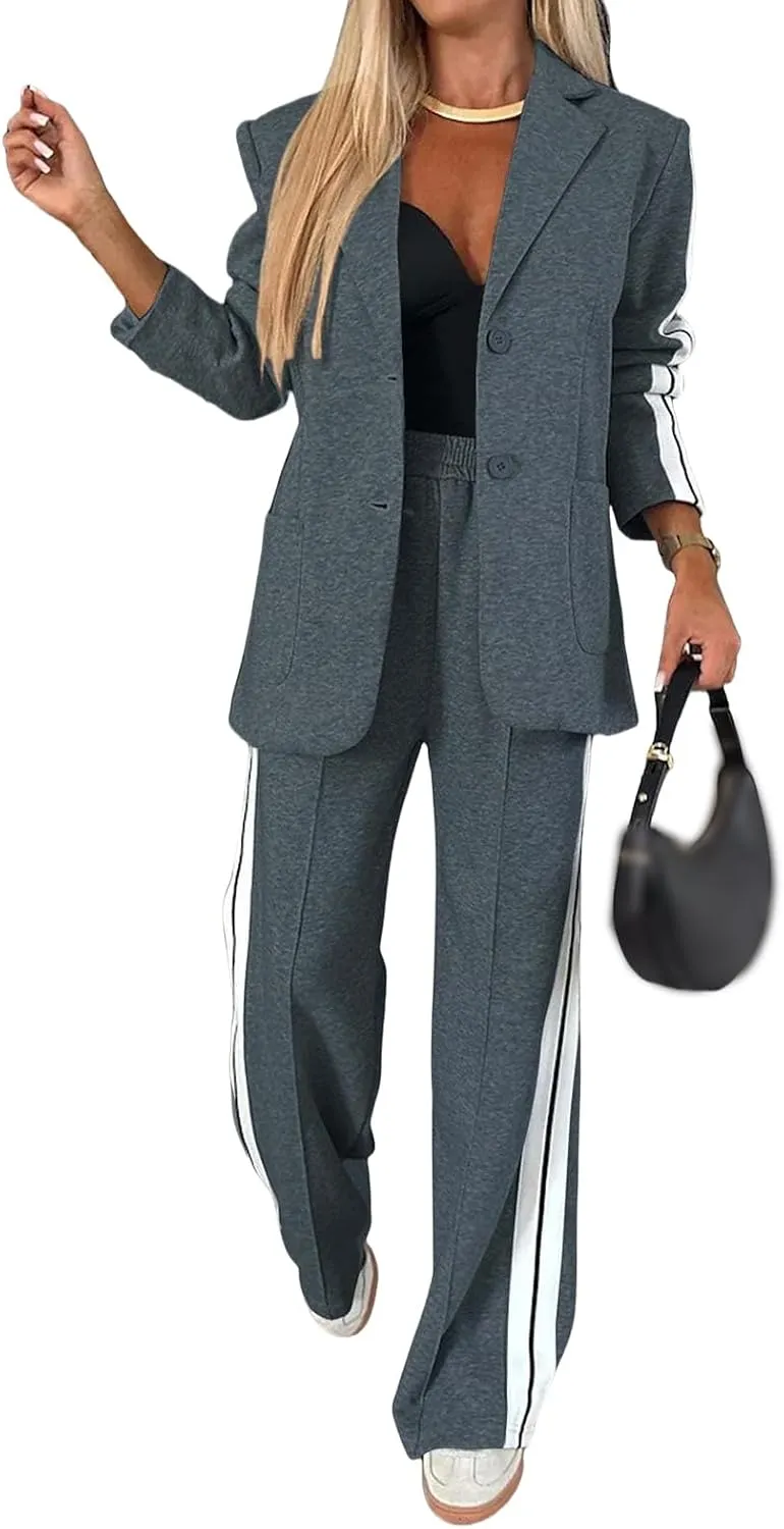 Womens Fall 2 Piece Blazer Set Oversized Jacket Wide Leg Pants Sets Lapel Button Up Blazers Business Casual Outfits Set