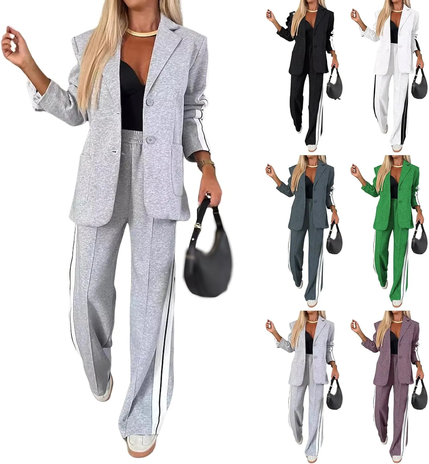 Womens Fall 2 Piece Blazer Set Oversized Jacket Wide Leg Pants Sets Lapel Button Up Blazers Business Casual Outfits Set