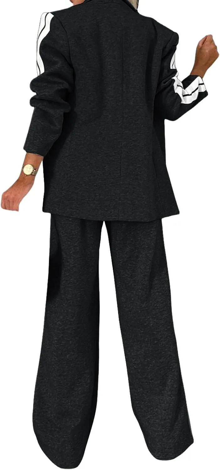 Womens Fall 2 Piece Blazer Set Oversized Jacket Wide Leg Pants Sets Lapel Button Up Blazers Business Casual Outfits Set