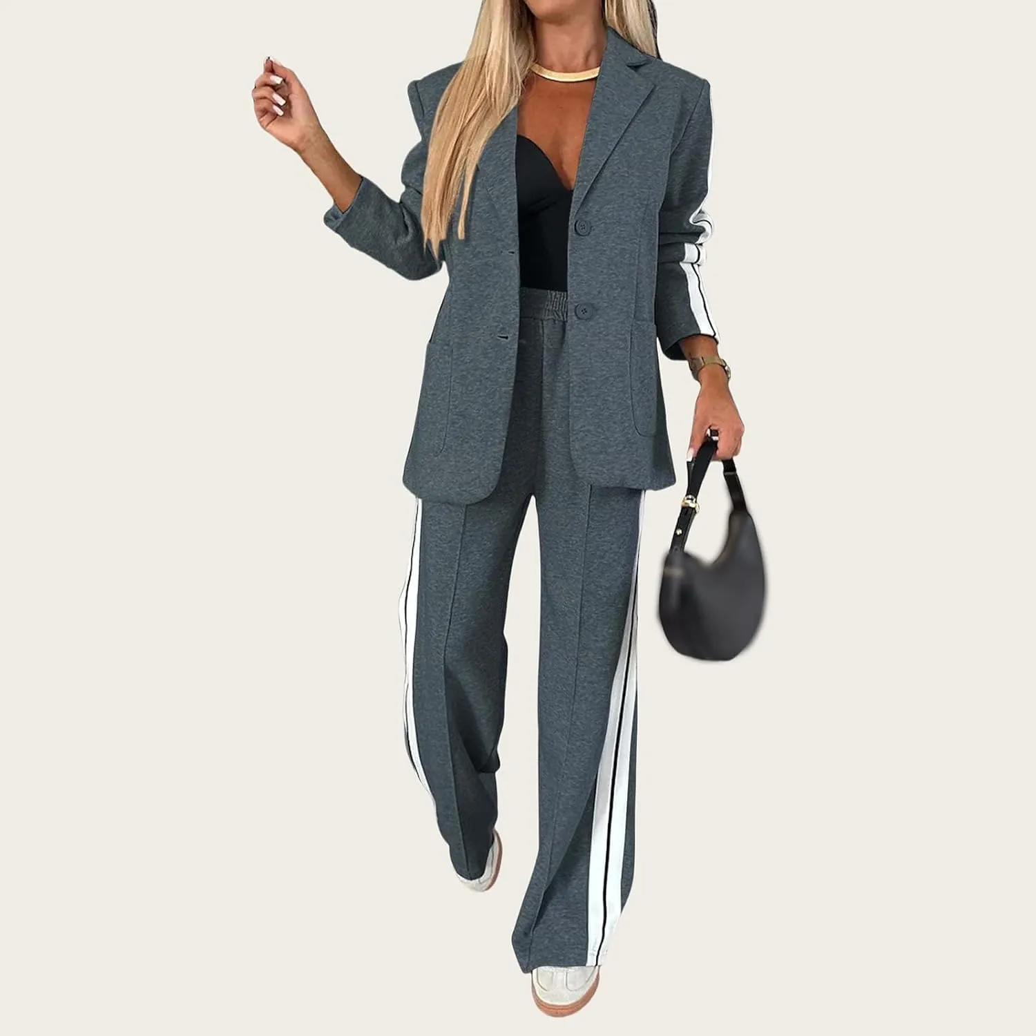 Womens Fall 2 Piece Blazer Set Oversized Jacket Wide Leg Pants Sets Lapel Button Up Blazers Business Casual Outfits Set