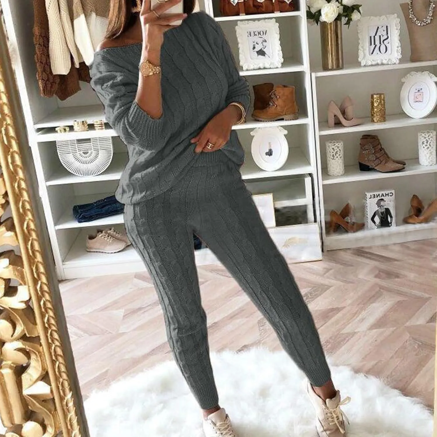 Womens Fall Cable Knit Set Plus Size Crew Neck Pullover Sweater Top & Long Pants 2 Piece Outfits Tracksuit Loungewear