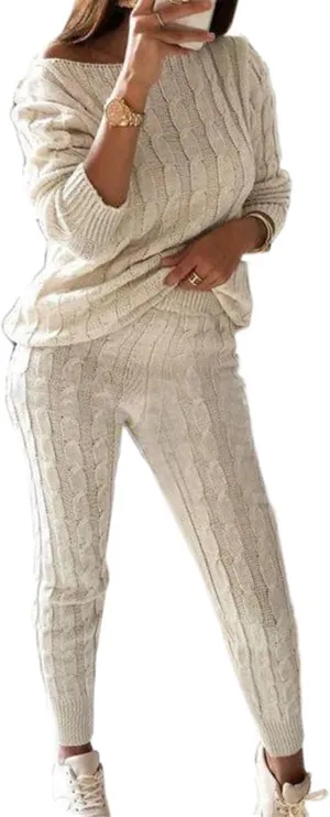 Womens Fall Cable Knit Set Plus Size Crew Neck Pullover Sweater Top & Long Pants 2 Piece Outfits Tracksuit Loungewear