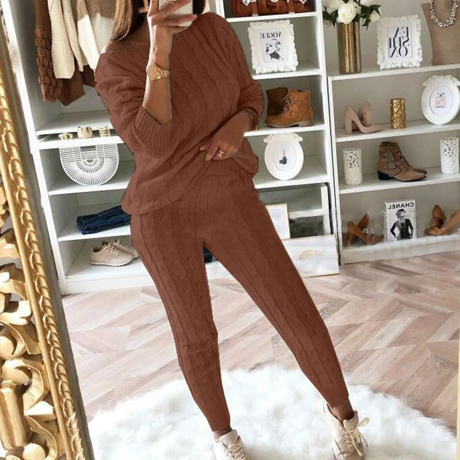Womens Fall Cable Knit Set Plus Size Crew Neck Pullover Sweater Top & Long Pants 2 Piece Outfits Tracksuit Loungewear