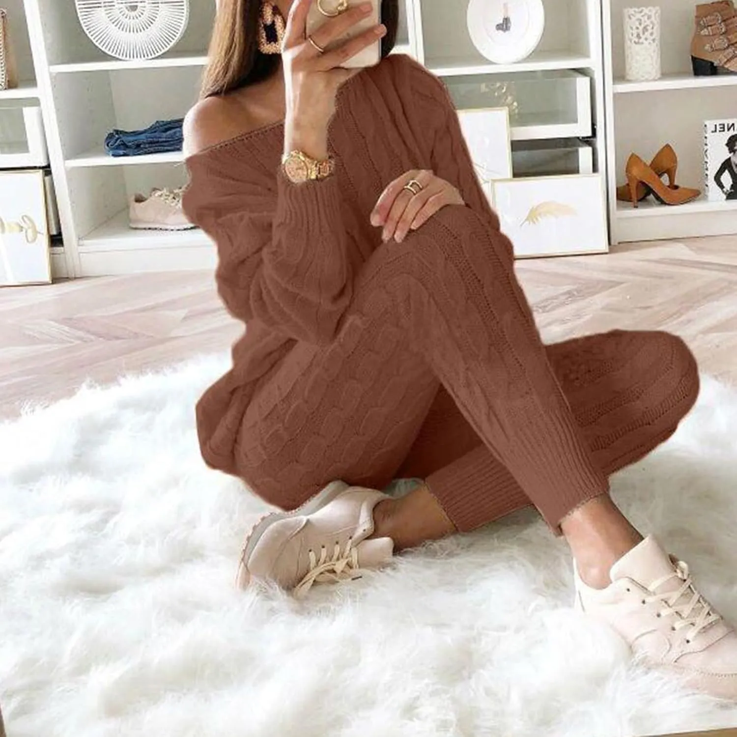 Womens Fall Cable Knit Set Plus Size Crew Neck Pullover Sweater Top & Long Pants 2 Piece Outfits Tracksuit Loungewear