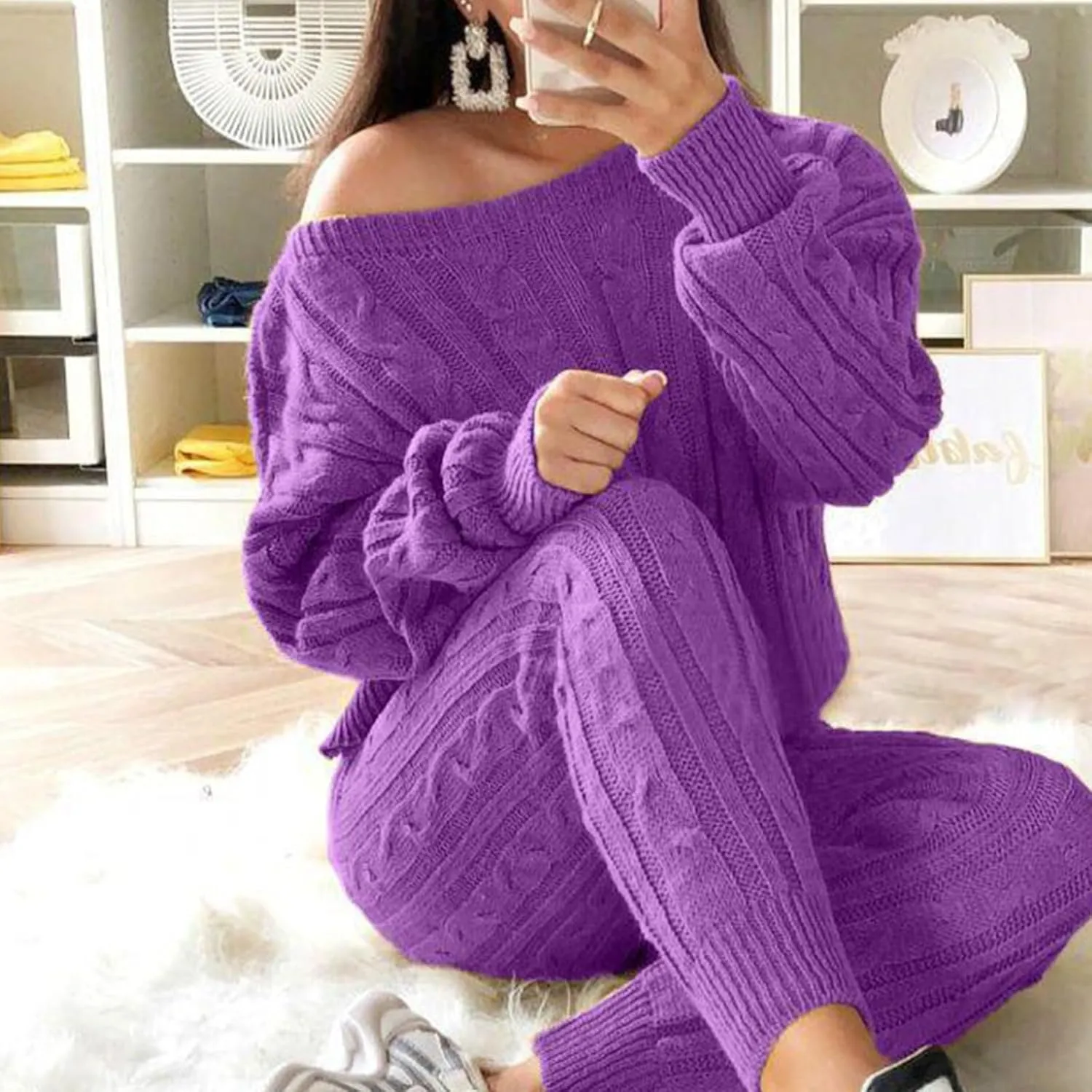 Womens Fall Cable Knit Set Plus Size Crew Neck Pullover Sweater Top & Long Pants 2 Piece Outfits Tracksuit Loungewear