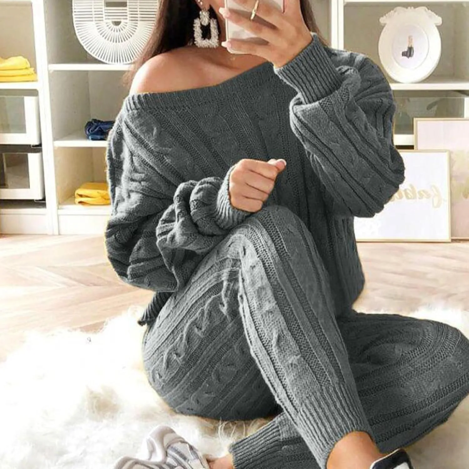 Womens Fall Cable Knit Set Plus Size Crew Neck Pullover Sweater Top & Long Pants 2 Piece Outfits Tracksuit Loungewear