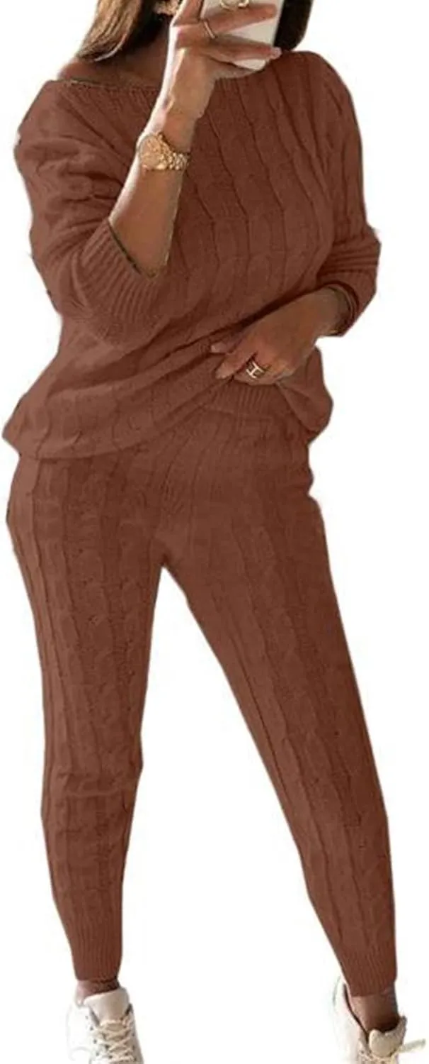 Womens Fall Cable Knit Set Plus Size Crew Neck Pullover Sweater Top & Long Pants 2 Piece Outfits Tracksuit Loungewear