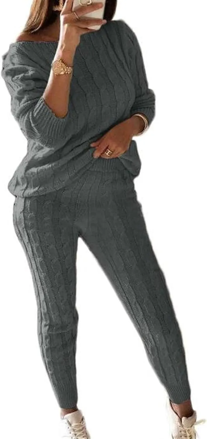 Womens Fall Cable Knit Set Plus Size Crew Neck Pullover Sweater Top & Long Pants 2 Piece Outfits Tracksuit Loungewear