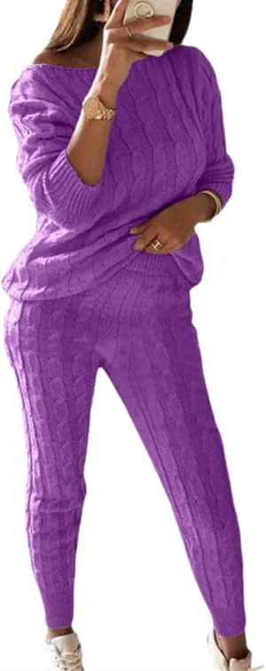 Womens Fall Cable Knit Set Plus Size Crew Neck Pullover Sweater Top & Long Pants 2 Piece Outfits Tracksuit Loungewear