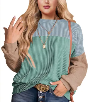 Womens Fashion 2024 Color Block Long Sleeve Crewneck Knitted Casual Loose Pullover Shirts Tops XL-5XL