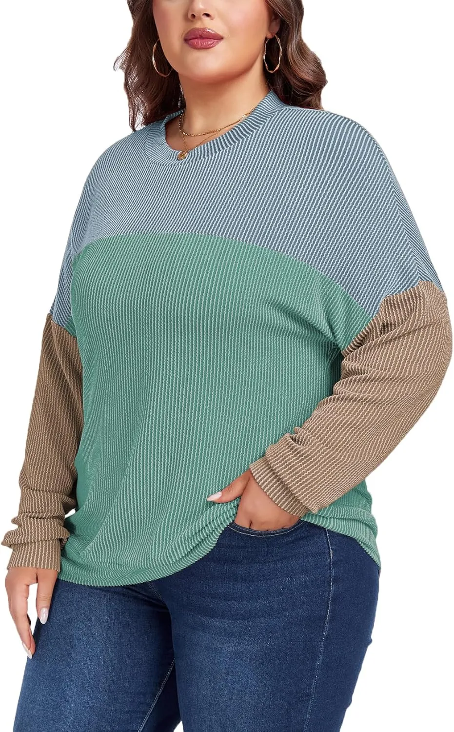 Womens Fashion 2024 Color Block Long Sleeve Crewneck Knitted Casual Loose Pullover Shirts Tops XL-5XL