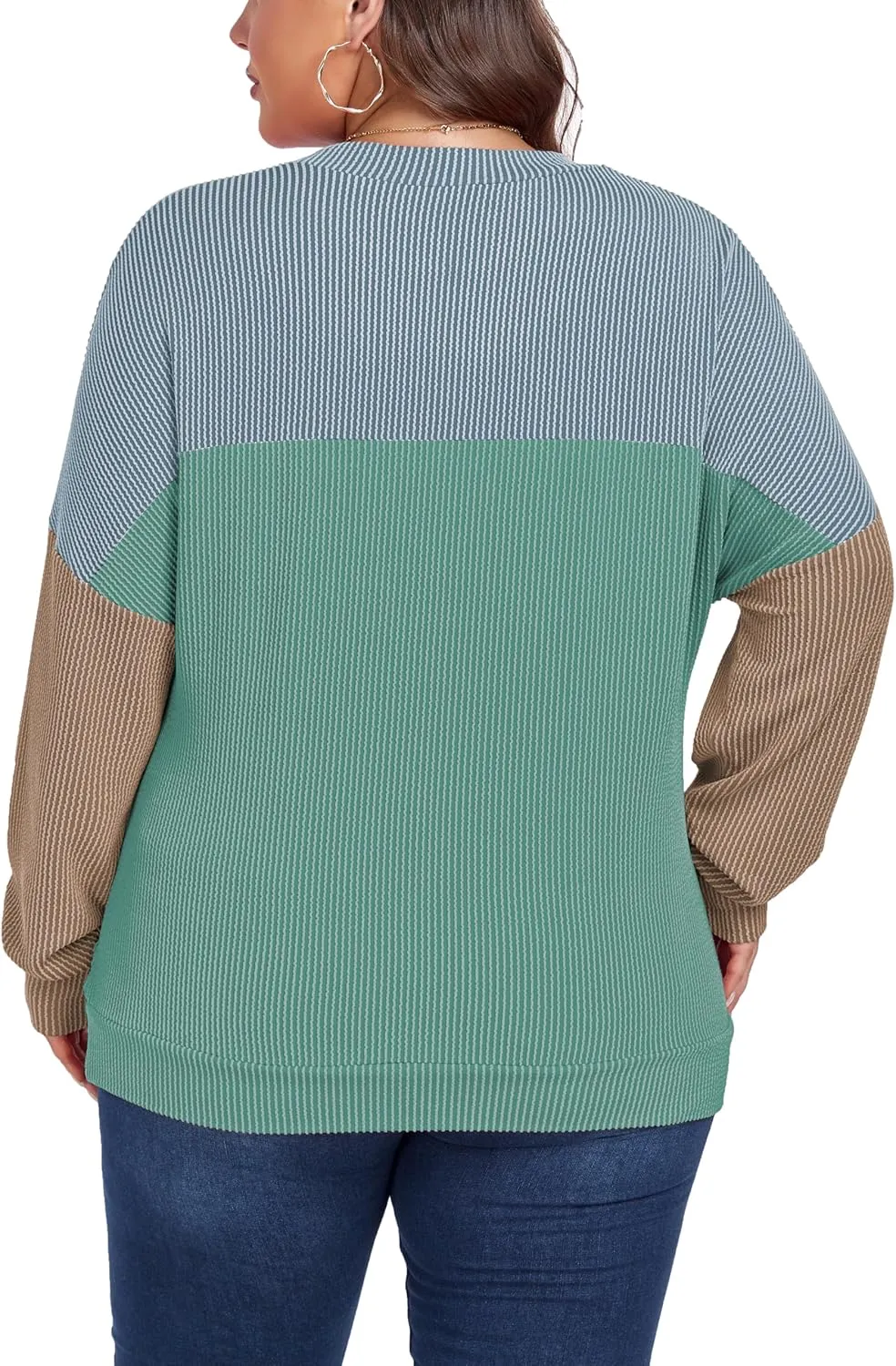 Womens Fashion 2024 Color Block Long Sleeve Crewneck Knitted Casual Loose Pullover Shirts Tops XL-5XL
