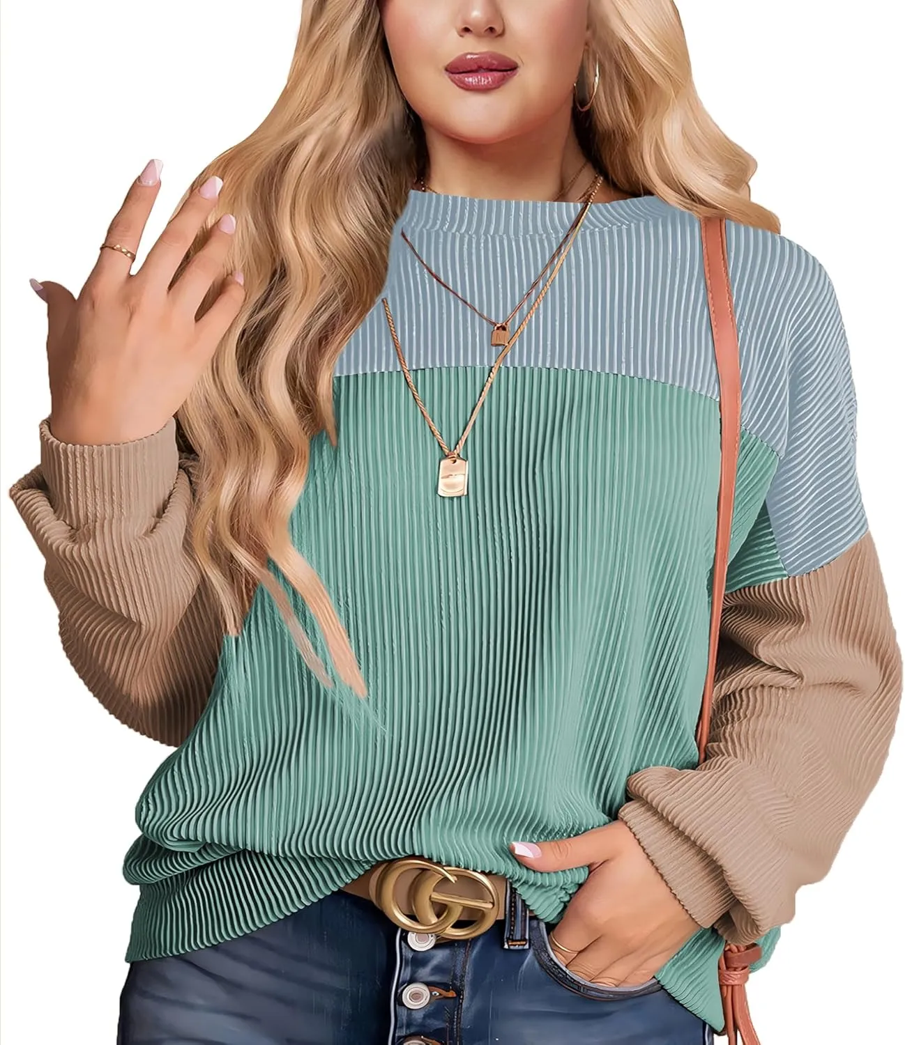 Womens Fashion 2024 Color Block Long Sleeve Crewneck Knitted Casual Loose Pullover Shirts Tops XL-5XL