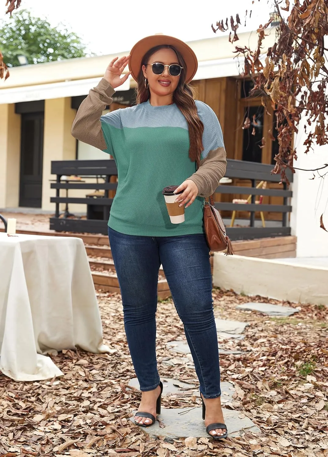 Womens Fashion 2024 Color Block Long Sleeve Crewneck Knitted Casual Loose Pullover Shirts Tops XL-5XL