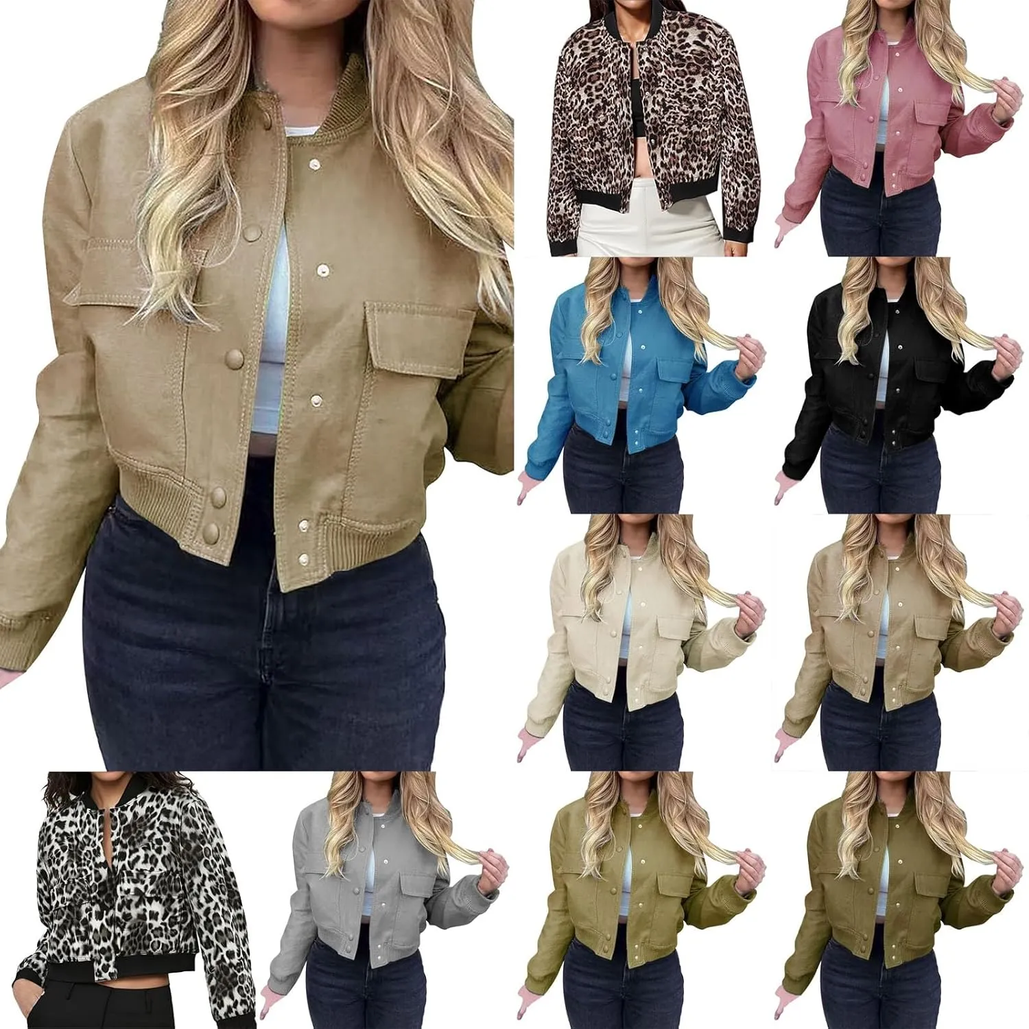 Women's Fashion Short Jackets Fall Button Down Strand Collar Varsity Cropped Shackets Long Sleeve Bomber with Pockets