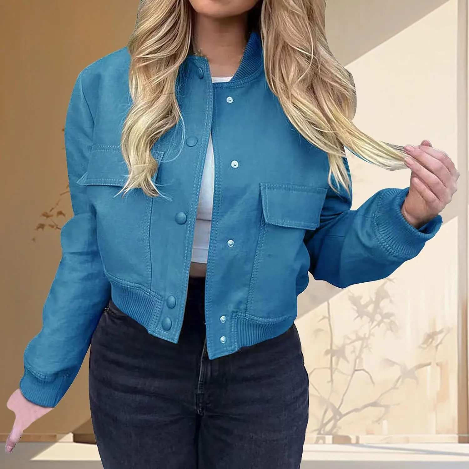 Women's Fashion Short Jackets Fall Button Down Strand Collar Varsity Cropped Shackets Long Sleeve Bomber with Pockets