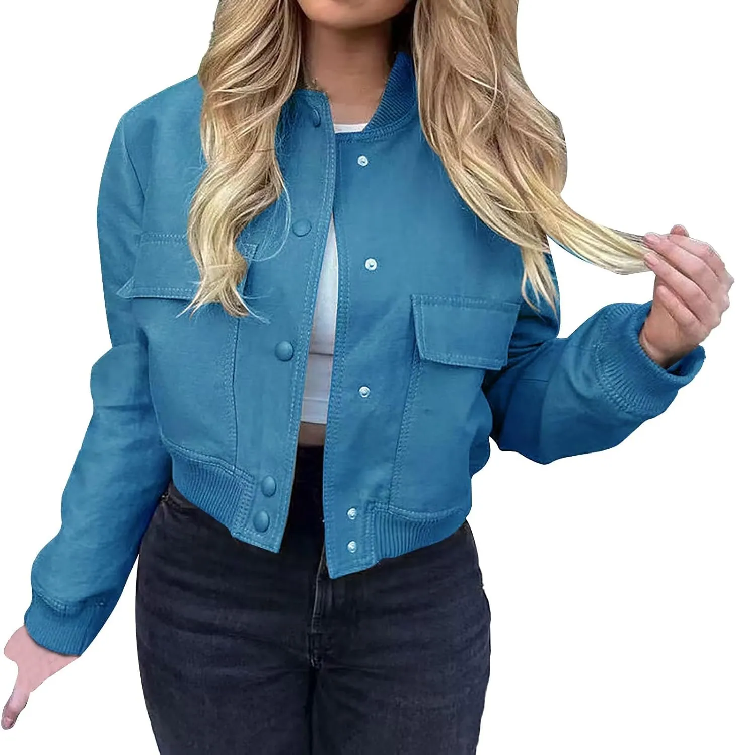 Women's Fashion Short Jackets Fall Button Down Strand Collar Varsity Cropped Shackets Long Sleeve Bomber with Pockets