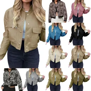 Women's Fashion Short Jackets Fall Button Down Strand Collar Varsity Cropped Shackets Long Sleeve Bomber with Pockets