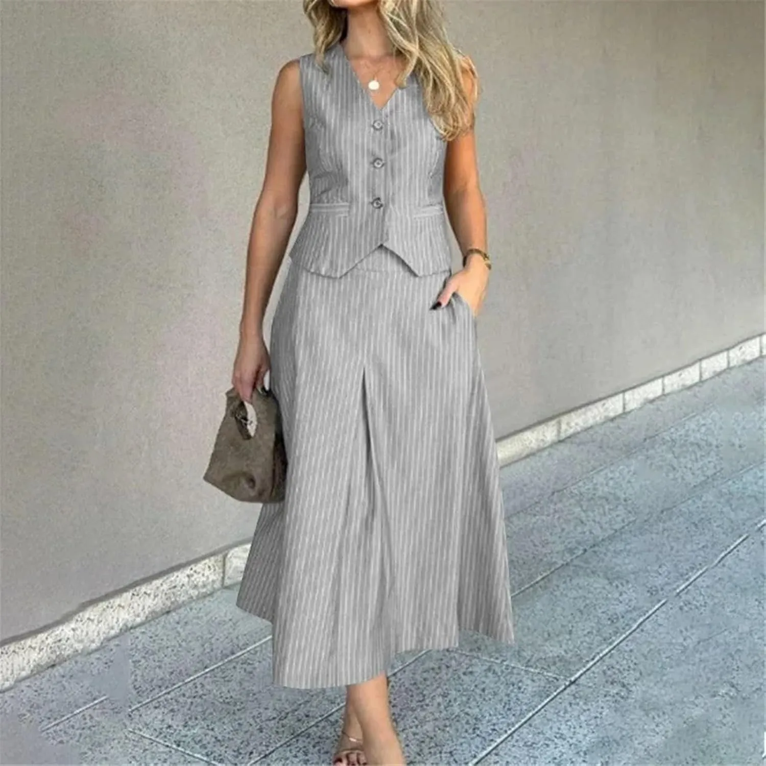 Women's Fashion Striped Printed Two Piece Set Elegant Button V-Neck Sleeveless Vest A-Line Folded Long Skirt Set