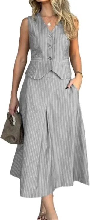 Women's Fashion Striped Printed Two Piece Set Elegant Button V-Neck Sleeveless Vest A-Line Folded Long Skirt Set