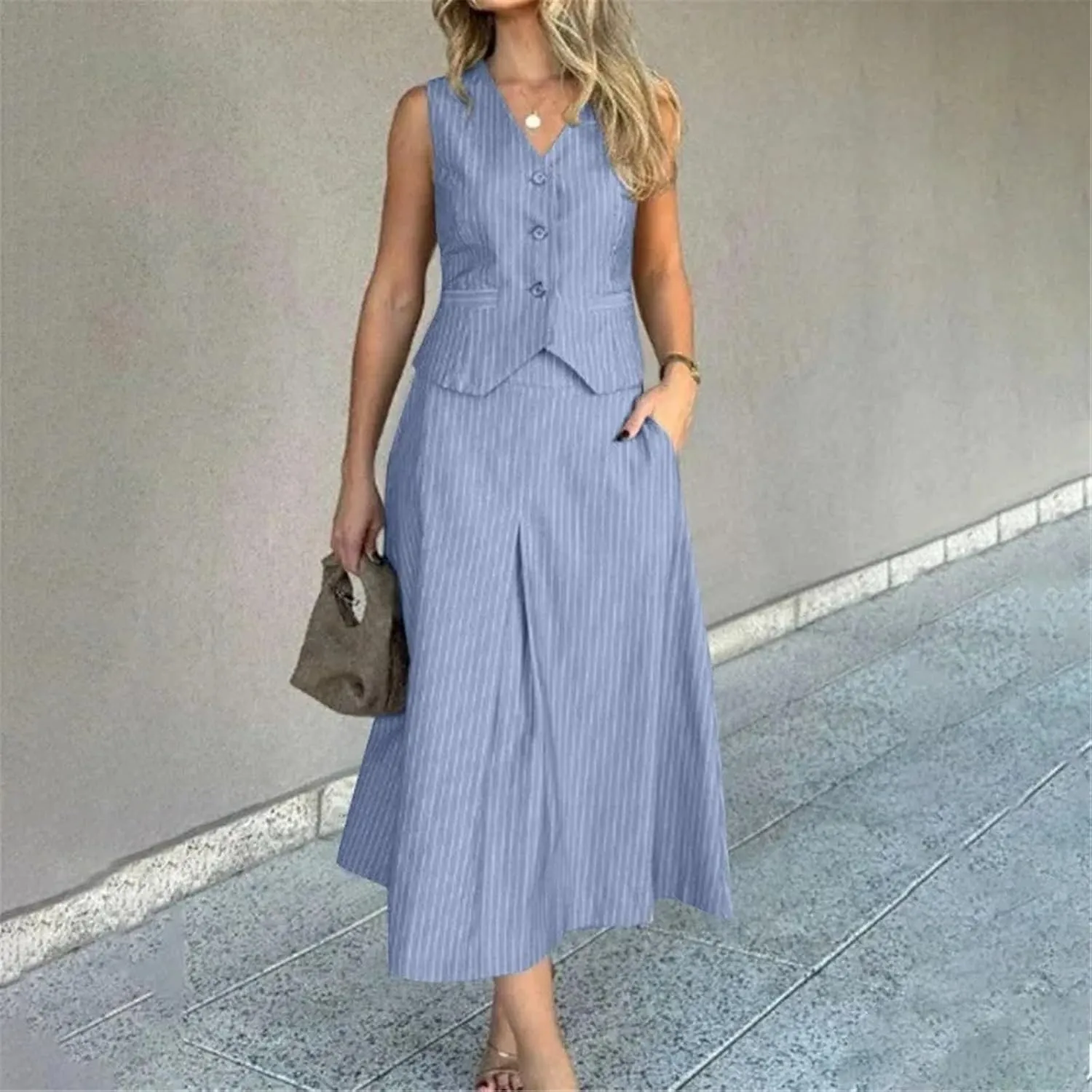Women's Fashion Striped Printed Two Piece Set Elegant Button V-Neck Sleeveless Vest A-Line Folded Long Skirt Set
