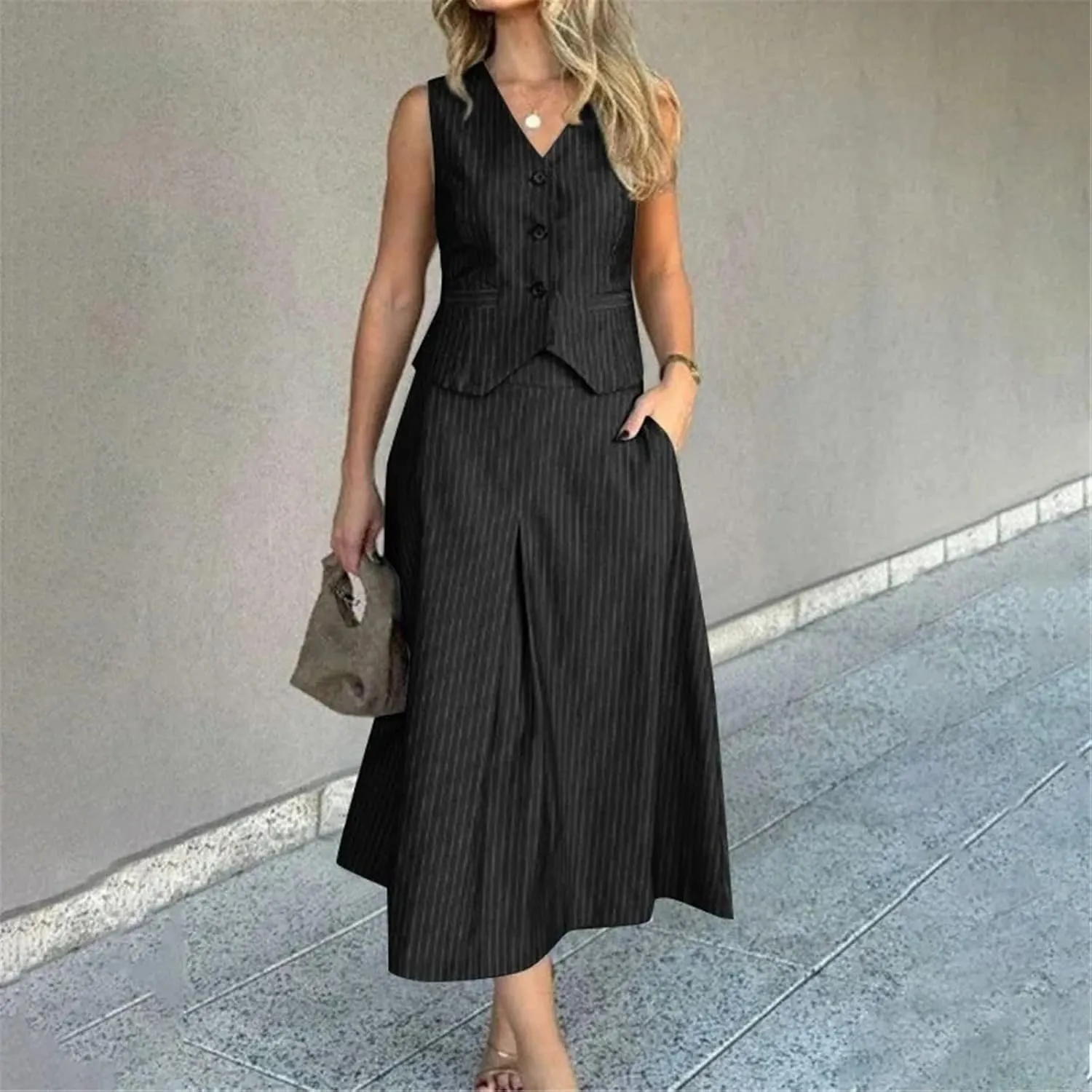Women's Fashion Striped Printed Two Piece Set Elegant Button V-Neck Sleeveless Vest A-Line Folded Long Skirt Set