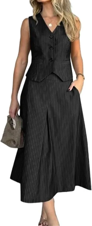 Women's Fashion Striped Printed Two Piece Set Elegant Button V-Neck Sleeveless Vest A-Line Folded Long Skirt Set