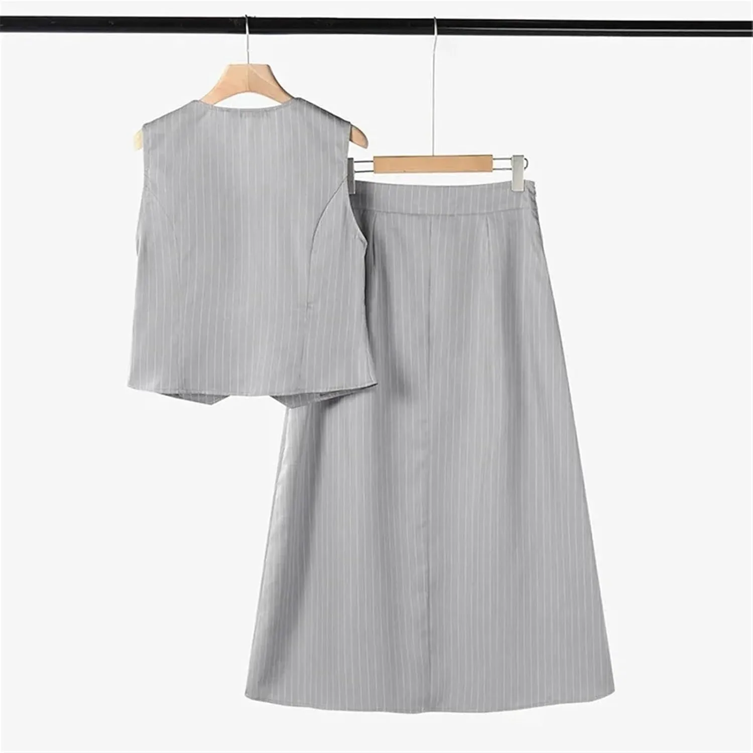 Women's Fashion Striped Printed Two Piece Set Elegant Button V-Neck Sleeveless Vest A-Line Folded Long Skirt Set