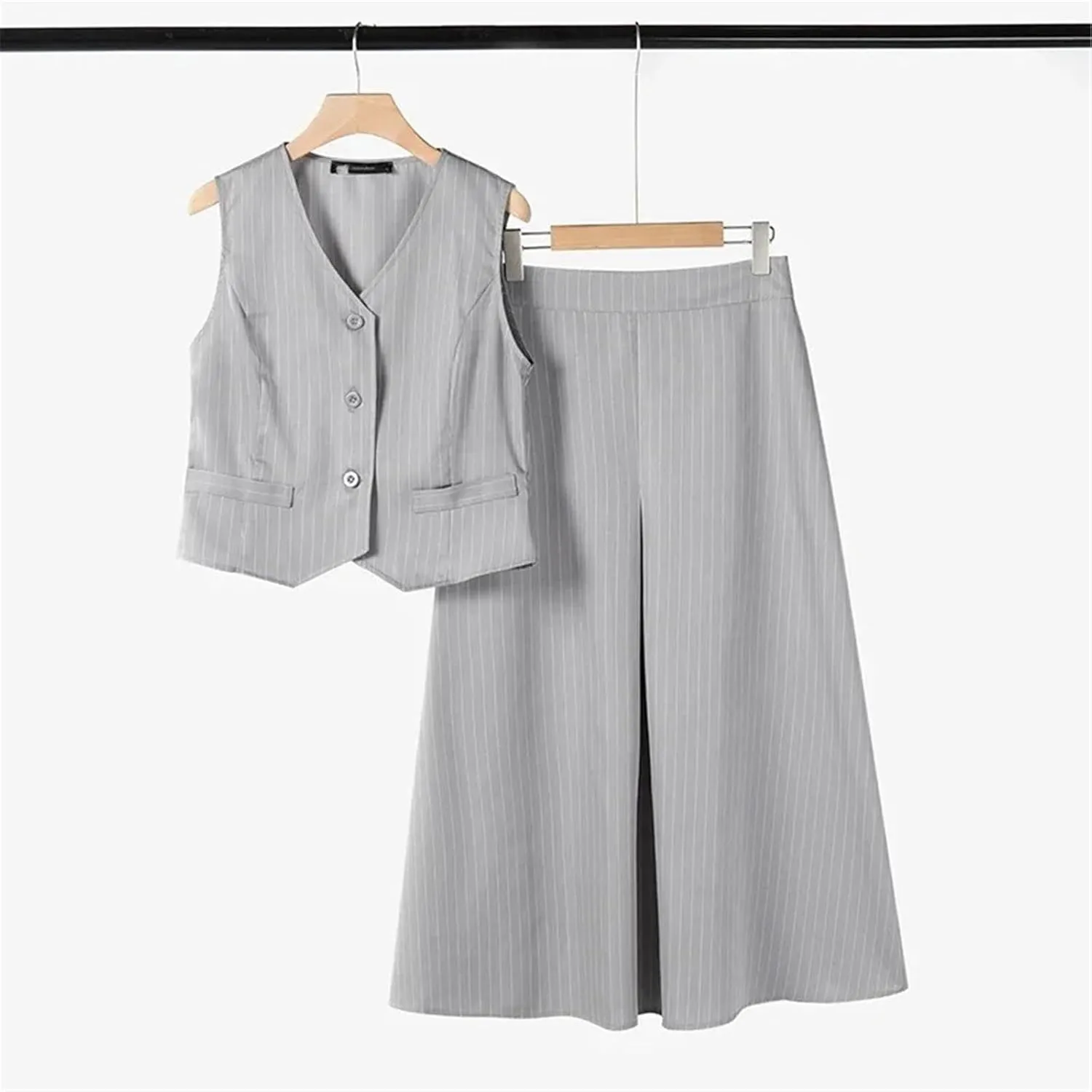 Women's Fashion Striped Printed Two Piece Set Elegant Button V-Neck Sleeveless Vest A-Line Folded Long Skirt Set
