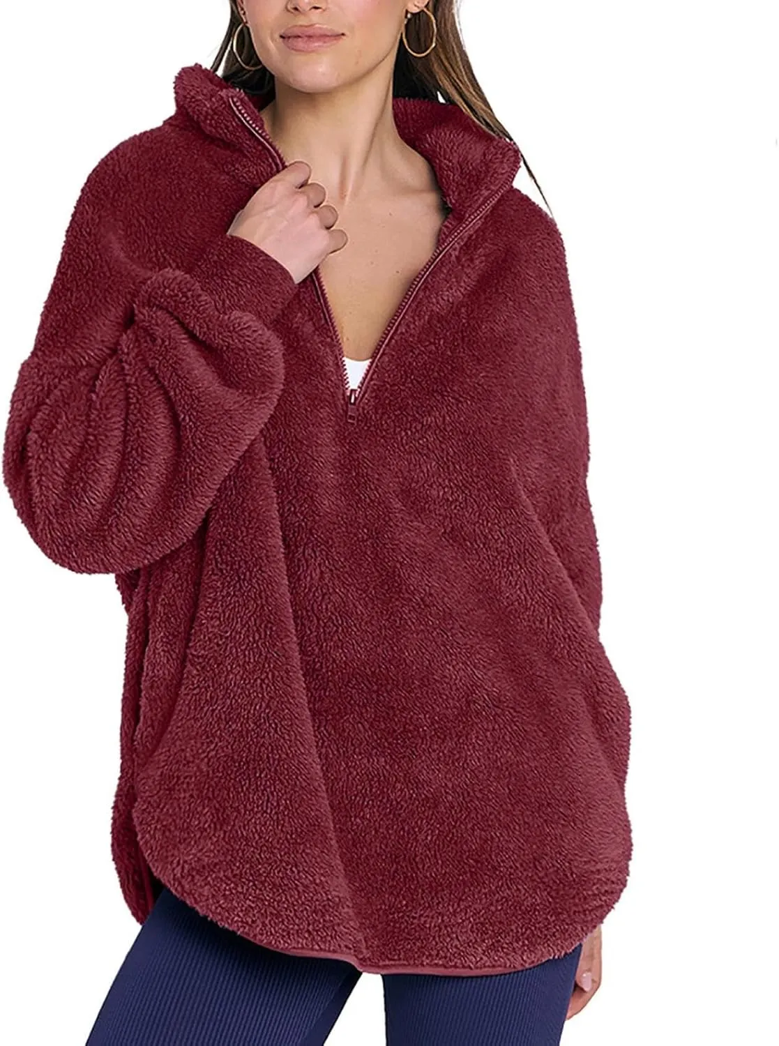 Womens Fleece Sweatshirt Half Zip Up Oversized Long Sleeve Sherpa Pullover Winter Warm Comfy Solid Color Fuzzy Tops