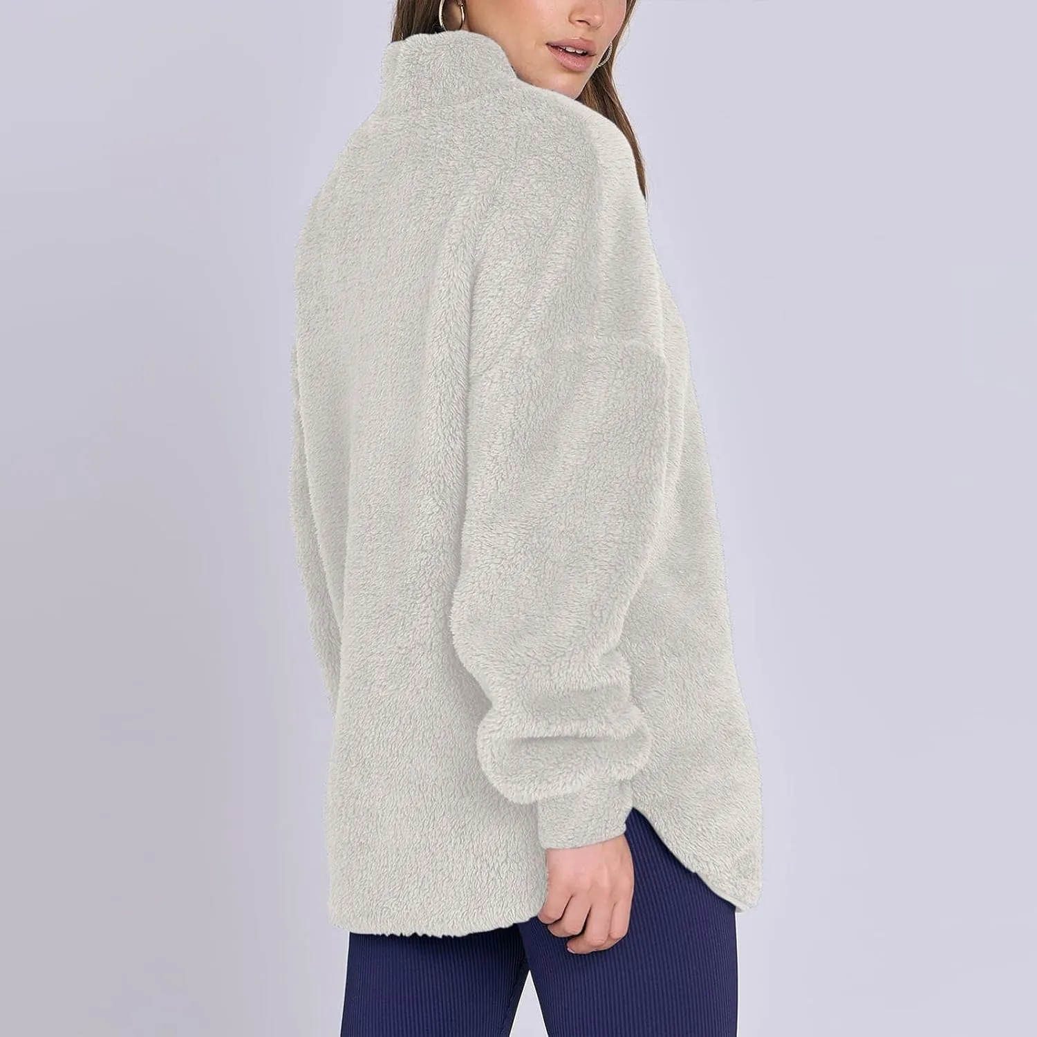 Womens Fleece Sweatshirt Half Zip Up Oversized Long Sleeve Sherpa Pullover Winter Warm Comfy Solid Color Fuzzy Tops