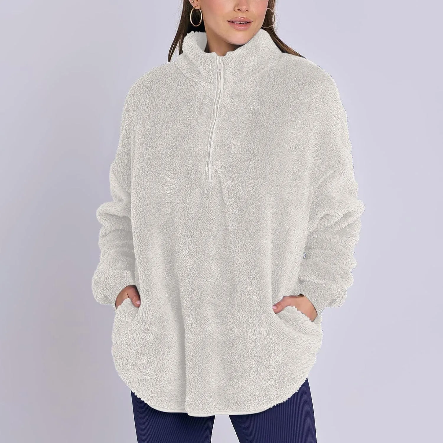 Womens Fleece Sweatshirt Half Zip Up Oversized Long Sleeve Sherpa Pullover Winter Warm Comfy Solid Color Fuzzy Tops