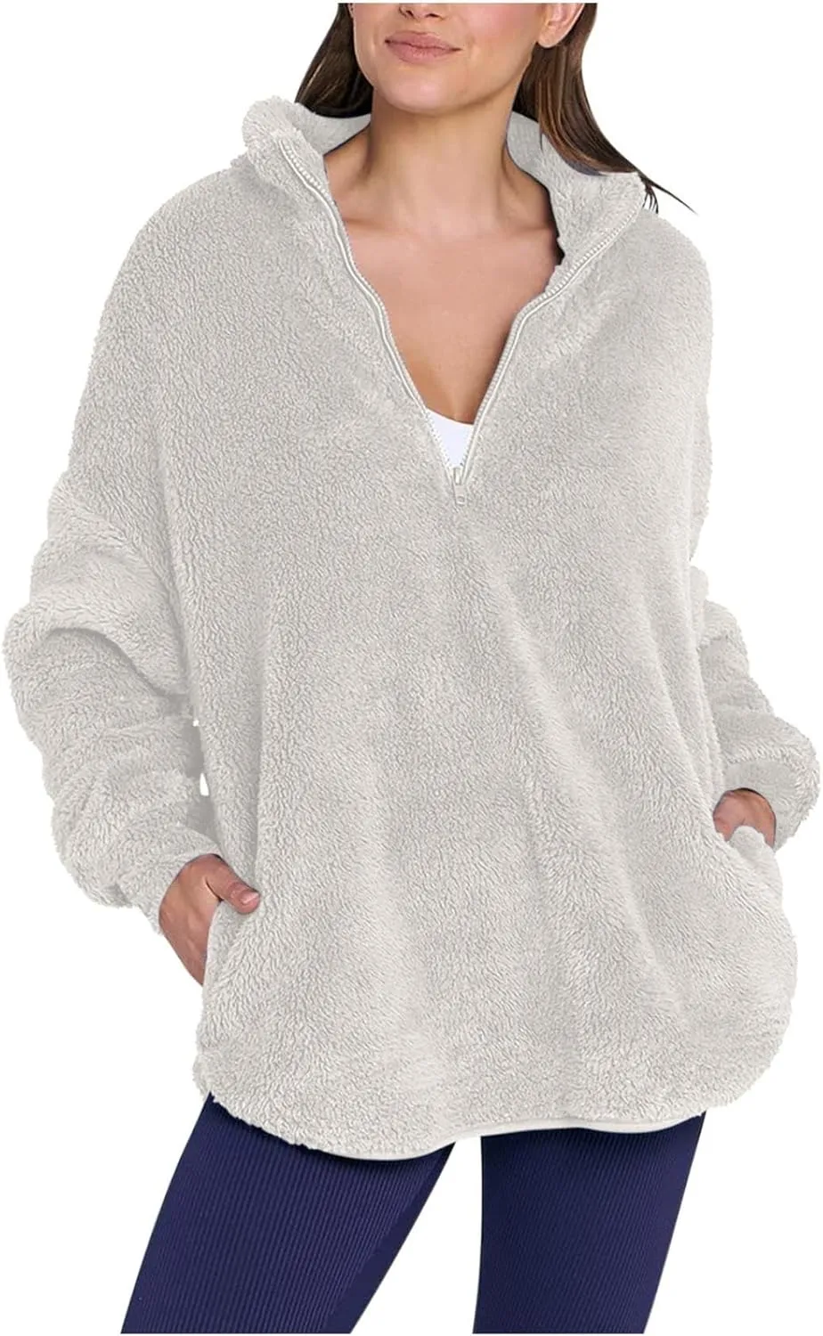 Womens Fleece Sweatshirt Half Zip Up Oversized Long Sleeve Sherpa Pullover Winter Warm Comfy Solid Color Fuzzy Tops