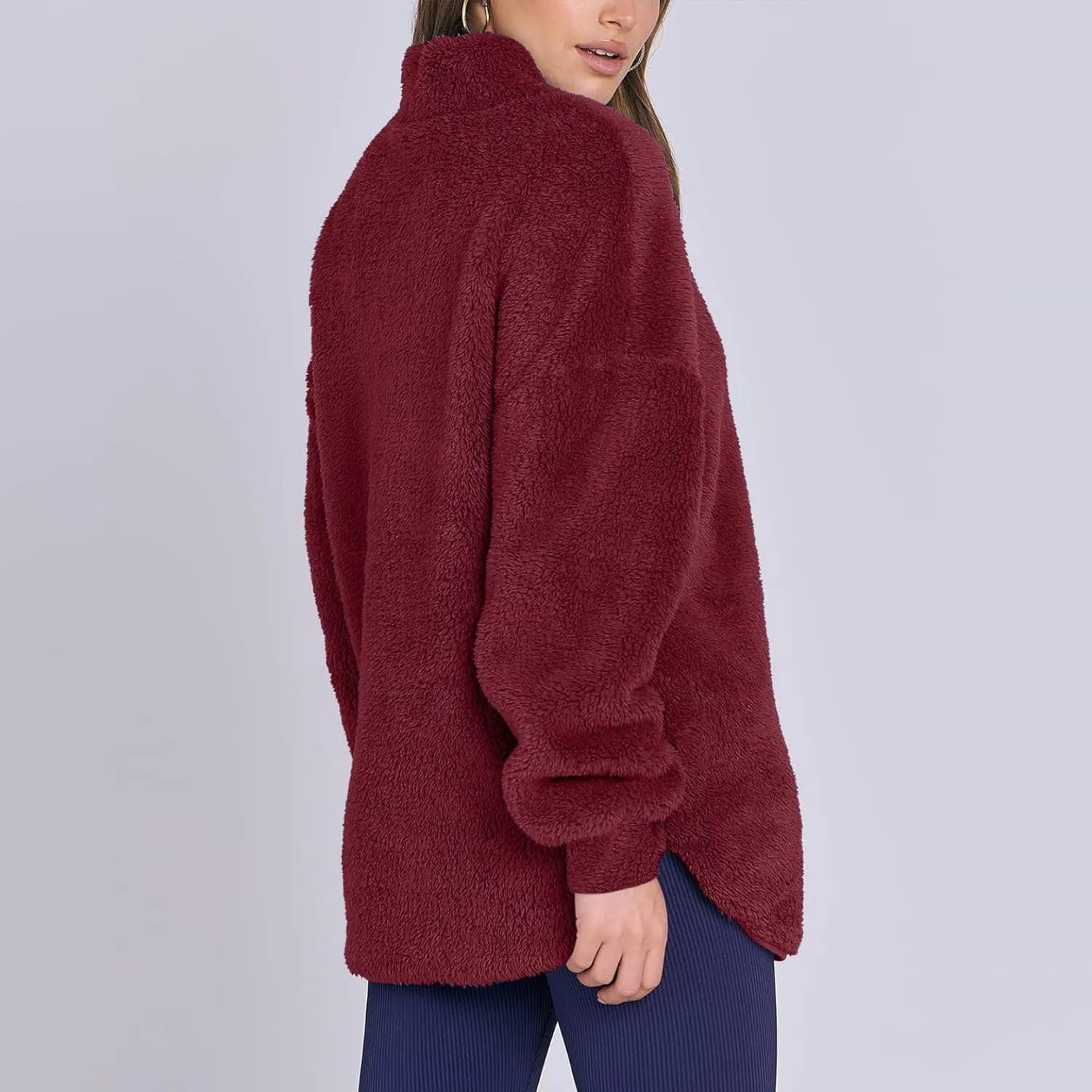 Womens Fleece Sweatshirt Half Zip Up Oversized Long Sleeve Sherpa Pullover Winter Warm Comfy Solid Color Fuzzy Tops