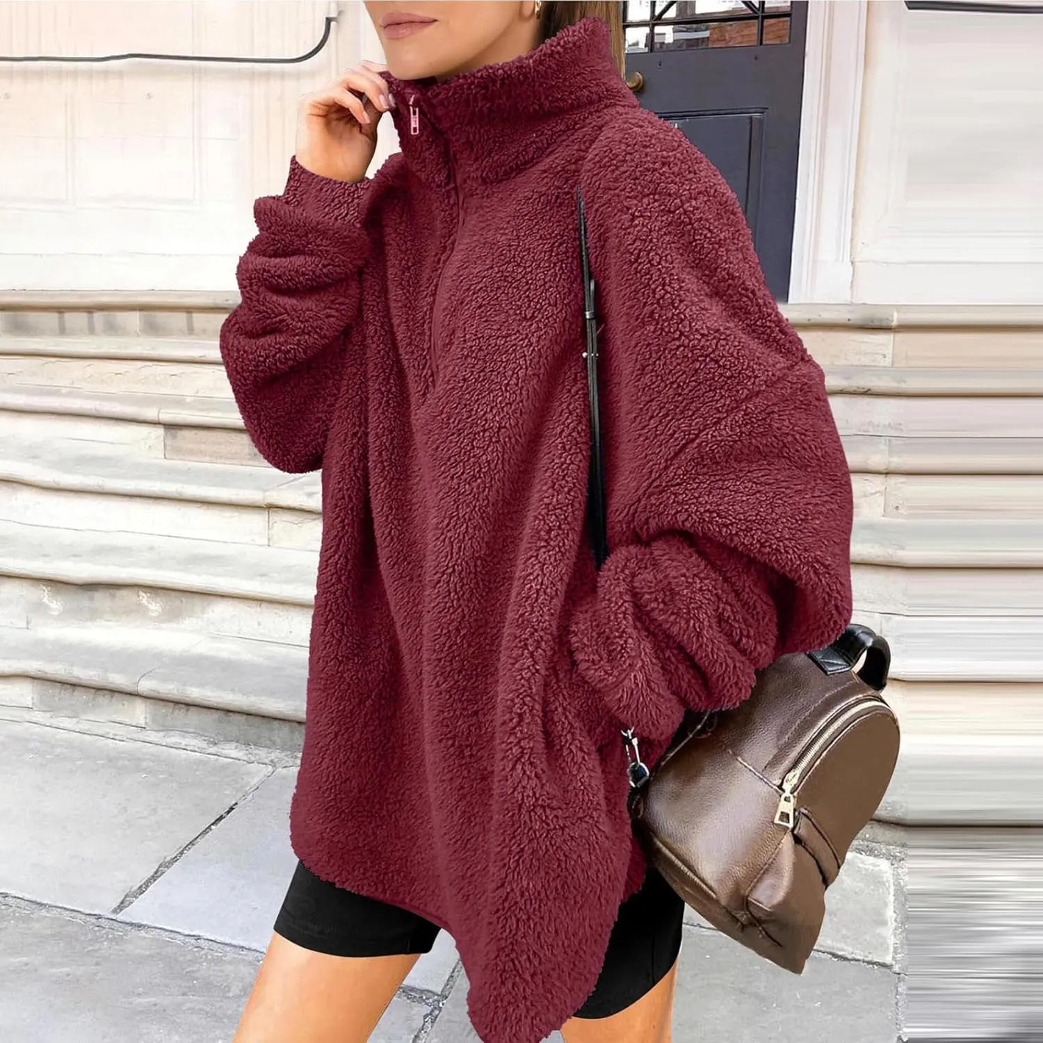 Womens Fleece Sweatshirt Half Zip Up Oversized Long Sleeve Sherpa Pullover Winter Warm Comfy Solid Color Fuzzy Tops