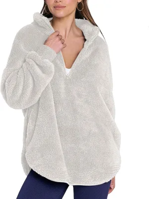 Womens Fleece Sweatshirt Half Zip Up Oversized Long Sleeve Sherpa Pullover Winter Warm Comfy Solid Color Fuzzy Tops