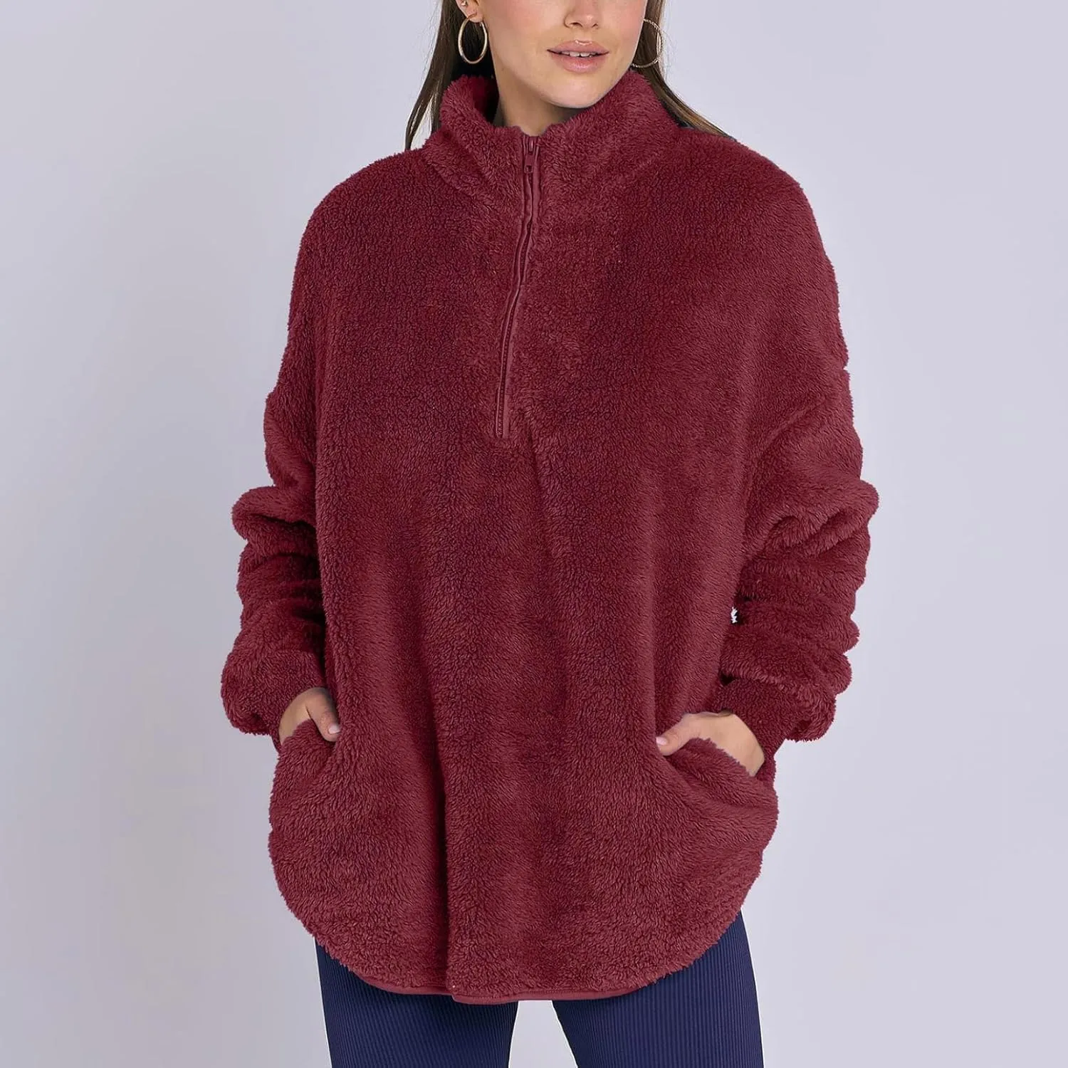 Womens Fleece Sweatshirt Half Zip Up Oversized Long Sleeve Sherpa Pullover Winter Warm Comfy Solid Color Fuzzy Tops