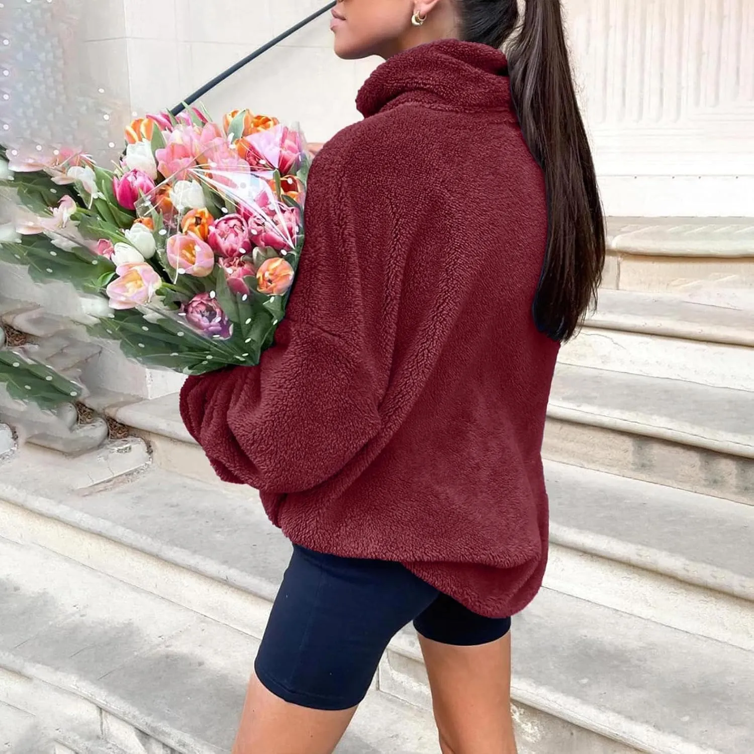 Womens Fleece Sweatshirt Half Zip Up Oversized Long Sleeve Sherpa Pullover Winter Warm Comfy Solid Color Fuzzy Tops
