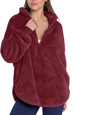 Womens Fleece Sweatshirt Half Zip Up Oversized Long Sleeve Sherpa Pullover Winter Warm Comfy Solid Color Fuzzy Tops