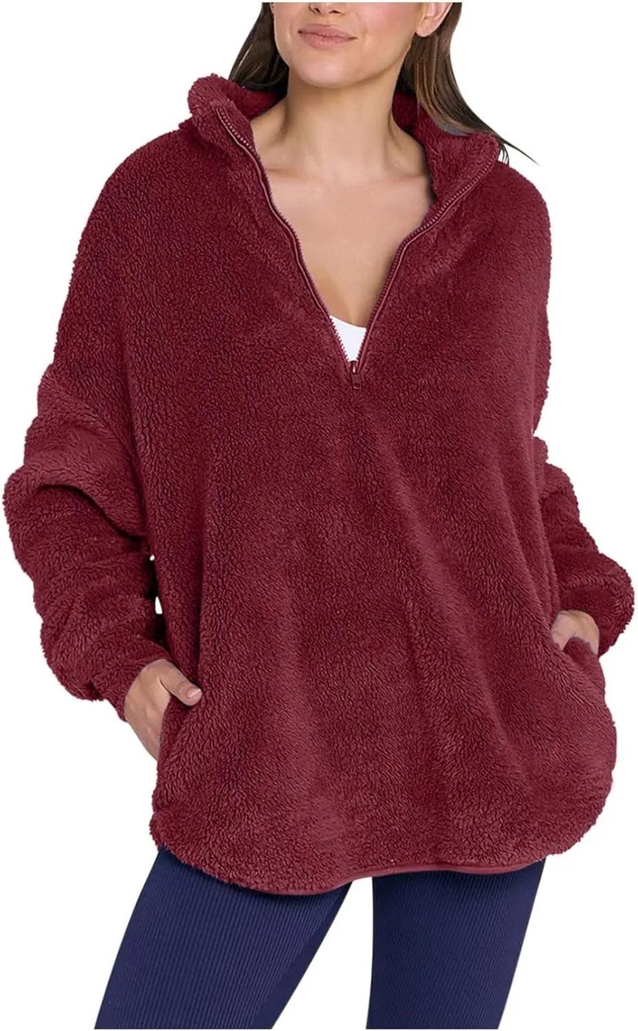 Womens Fleece Sweatshirt Half Zip Up Oversized Long Sleeve Sherpa Pullover Winter Warm Comfy Solid Color Fuzzy Tops