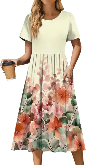 Women's Floral Print Casual Midi Short Sleeve Summer Sundress with Pockets for Beach Party and Daily Wear